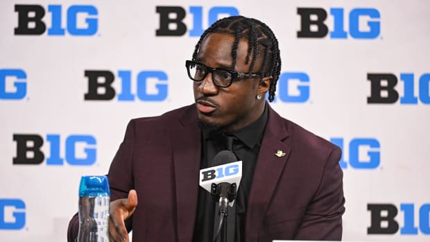 Jul 25, 2024; Indianapolis, IN, USA; Oregon Ducks linebacker Jeffrey Bassa speaks to the media during the Big 10 media days