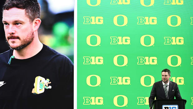 Oregon Ducks head coach Dan Lanning speaks to the media during the Big 10 football media day 