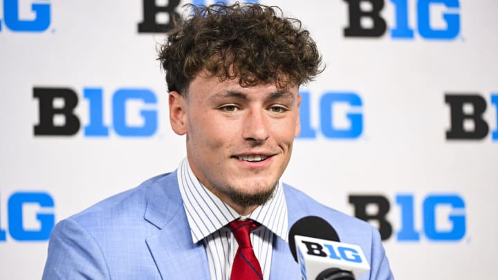 Indiana Hoosiers linebacker Aiden Fisher speaks to the media during the Big Ten football media day at Lucas Oil Stadium. 