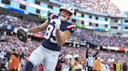 Oct 26, 2025; Foxborough, Massachusetts, USA;  New England Patriots tight end Hunter Henry (85) celebrates scoring a touchdown  during the third quarter against the Cleveland Browns at Gillette Stadium. Mandatory Credit: Brian Fluharty-Imagn Images