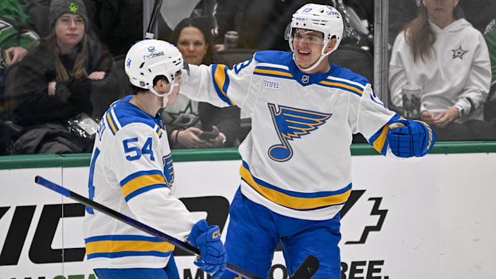 Feb 4, 2026; Dallas, Texas, USA; St. Louis Blues right wing Dalibor Dvorsky (54) and right wing Alexey Toropchenko (13) celebrates a goal scored by Toropchenko against the Dallas Stars during the third period at the American Airlines Center. Mandatory Credit: Jerome Miron-Imagn Images