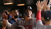 Sep 8, 2025; West Sacramento, California, USA; Boston Red Sox outfielder Jarren Duran (16) celebrates with team mates after scoring against the Athletics during the fifth inning at Sutter Health Park. Mandatory Credit: Ed Szczepanski-Imagn Images