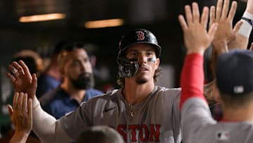 Sep 8, 2025; West Sacramento, California, USA; Boston Red Sox outfielder Jarren Duran (16) celebrates with team mates after scoring against the Athletics during the fifth inning at Sutter Health Park. Mandatory Credit: Ed Szczepanski-Imagn Images