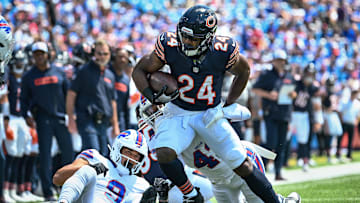 Aug 10, 2024; Orchard Park, New York, USA; Chicago Bears running back Khalil Herbert (24) carries the ball against the  Buffalo Bills in the first quarter of a pre-season game at Highmark Stadium. Mandatory Credit: Mark Konezny-Imagn Images