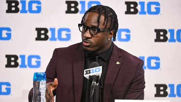 Oregon Ducks linebacker Jeffrey Bassa speaks to the media during the Big 10 football media day at Lucas Oil Stadium. 