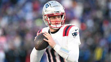 Dec 22, 2024; Orchard Park, New York, USA; New England Patriots quarterback Drake Maye (10) warms up before a game against the Buffalo Bills at Highmark Stadium. Mandatory Credit: Mark Konezny-Imagn Images