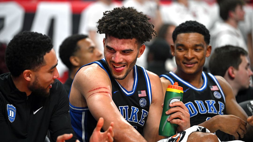 Mar 2, 2026; Raleigh, North Carolina, USA;  Duke Blue Devils forward Cameron Boozer (12) reacts with teammates during the second half against the NC State Wolfpack at Lenovo Center. Mandatory Credit: Zachary Taft-Imagn Images