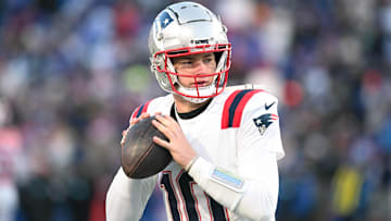 Dec 22, 2024; Orchard Park, New York, USA; New England Patriots quarterback Drake Maye (10) warms up before a game against the Buffalo Bills at Highmark Stadium. Mandatory Credit: Mark Konezny-Imagn Images
