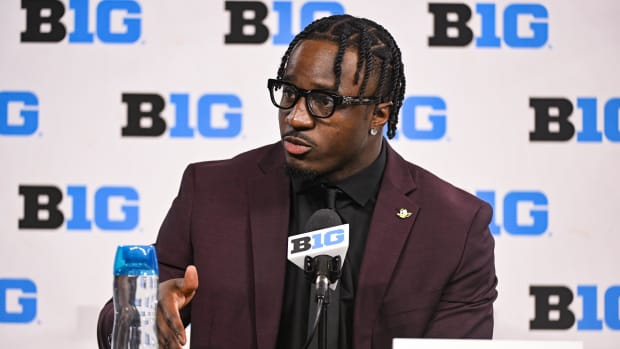 Oregon Ducks linebacker Jeffrey Bassa speaks to the media during the Big 10 football media day at Lucas Oil Stadium. 