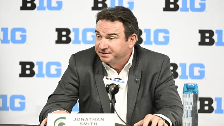 Jul 24, 2024; Indianapolis, IN, USA; Michigan State Spartans head coach Jonathan Smith speaks to the media during the Big 10 football media day at Lucas Oil Stadium. Mandatory Credit: Robert Goddin-USA TODAY Sports