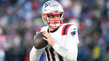 New England Patriots quarterback Drake Maye (10) warms up before a game against the Buffalo Bills at Highmark Stadium.