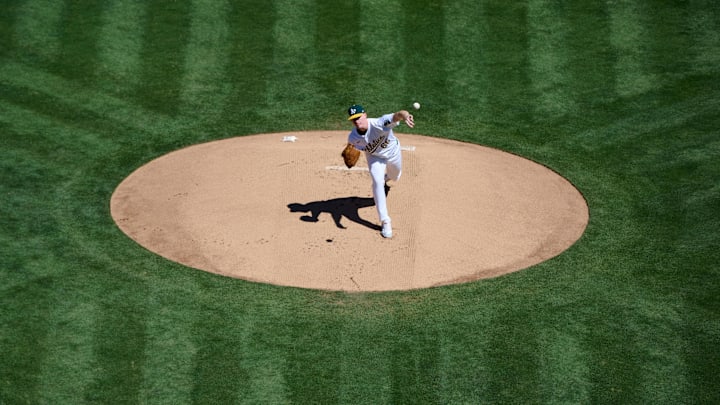 Sep 7, 2024; Oakland, California, USA; Oakland Athletics pitcher starting Brady Basso (66) throws a pitch against the Detroit Tigers during the first inning at Oakland-Alameda County Coliseum. Mandatory Credit: Robert Edwards-Imagn Images