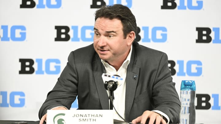 Jul 24, 2024; Indianapolis, IN, USA; Michigan State Spartans head coach Jonathan Smith speaks to the media during the Big 10 football media day at Lucas Oil Stadium. Mandatory Credit: Robert Goddin-USA TODAY Sports