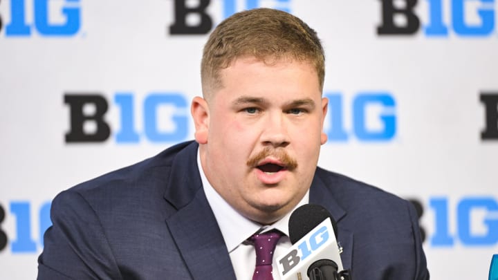 Jul 25, 2024; Indianapolis, IN, USA; Indiana Hoosiers offensive lineman Mike Katic speaks to the media during the Big 10 football media day at Lucas Oil Stadium. Mandatory Credit: Robert Goddin-USA TODAY Sports