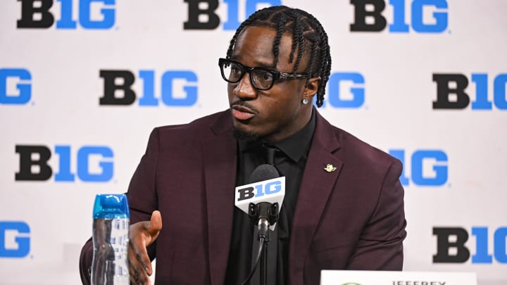 Jul 25, 2024; Indianapolis, IN, USA; Oregon Ducks linebacker Jeffrey Bassa speaks to the media during the Big 10 football media day at Lucas Oil Stadium. Mandatory Credit: Robert Goddin-USA TODAY Sports