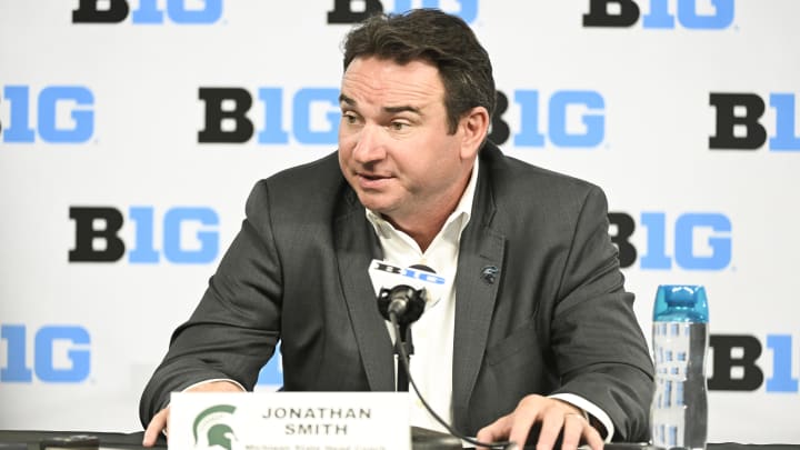 Jul 24, 2024; Indianapolis, IN, USA; Michigan State Spartans head coach Jonathan Smith speaks to the media during the Big 10 football media day at Lucas Oil Stadium. Mandatory Credit: Robert Goddin-USA TODAY Sports