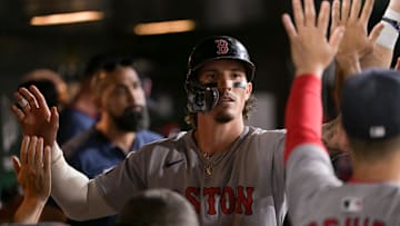 Sep 8, 2025; West Sacramento, California, USA; Boston Red Sox outfielder Jarren Duran (16) celebrates with team mates after scoring against the Athletics during the fifth inning at Sutter Health Park. Mandatory Credit: Ed Szczepanski-Imagn Images