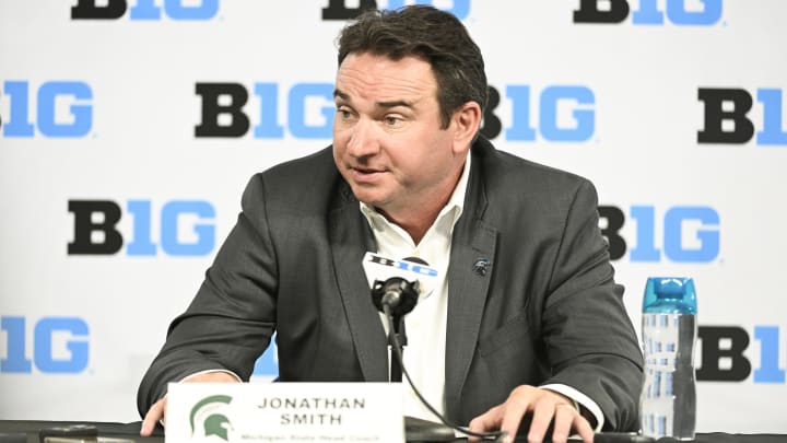 Jul 24, 2024; Indianapolis, IN, USA; Michigan State Spartans head coach Jonathan Smith speaks to the media during the Big 10 football media day at Lucas Oil Stadium. Mandatory Credit: Robert Goddin-USA TODAY Sports