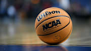 Mar 25, 2022; Greensboro, NC, USA;  A general shot of the game ball for the NCAA Women's tournament displaying the Final Four logo in the Greensboro regional semifinals of the women's college basketball NCAA Tournament at Greensboro Coliseum. Mandatory Credit: William Howard-Imagn Images