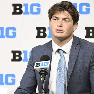 Jul 24, 2024; Indianapolis, IN, USA; UCLA Bruins quarterback Ethan Garbers speaks to the media during the Big 10 football media day at Lucas Oil Stadium. Mandatory Credit: Robert Goddin-Imagn Images