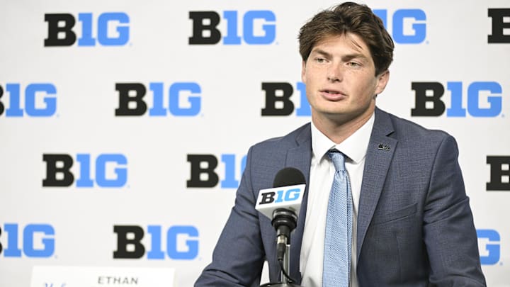 Jul 24, 2024; Indianapolis, IN, USA; UCLA Bruins quarterback Ethan Garbers speaks to the media during the Big 10 football media day at Lucas Oil Stadium. Mandatory Credit: Robert Goddin-Imagn Images