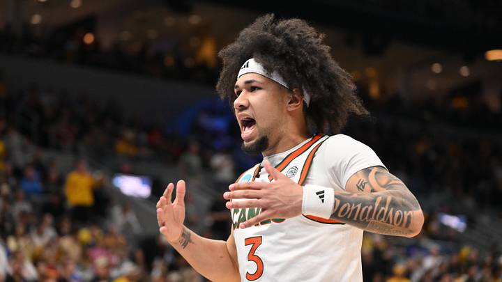Mar 20, 2026; St. Louis, MO, USA; Miami (FL) Hurricanes guard Tre Donaldson (3) reacts before the game to start against the Missouri Tigers during a first round game of the men's 2026 NCAA Tournament at Enterprise Center. Mandatory Credit: Jeff Curry-Imagn Images