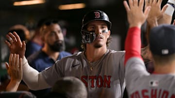 Sep 8, 2025; West Sacramento, California, USA; Boston Red Sox outfielder Jarren Duran (16) celebrates with team mates after scoring against the Athletics during the fifth inning at Sutter Health Park.