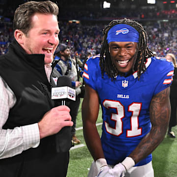 Nov 2, 2025; Orchard Park, New York, USA; Buffalo Bills cornerback Maxwell Hairston (31) is interviewed after the game against the Kansas City Chiefs at Highmark Stadium.