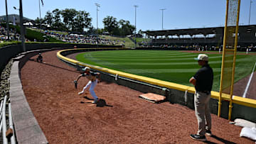 Ciou Zhi-Kai (8) warms up before a game at Lamade Stadium at the Little League World Series on Aug. 25, 2024.