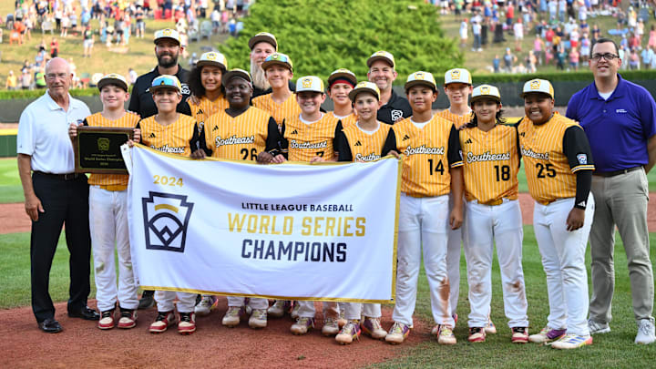The team from Lake Mary Little League in Lake Mary, Florida celebrates winning the 2024 Little League World Series. The team from Lake Mary Little League in Lake Mary, Florida celebrates winning the 2024 Little League World Series.