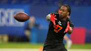UNLV wideout Ricky White (WO47) during the 2025 NFL Combine at Lucas Oil Stadium. 