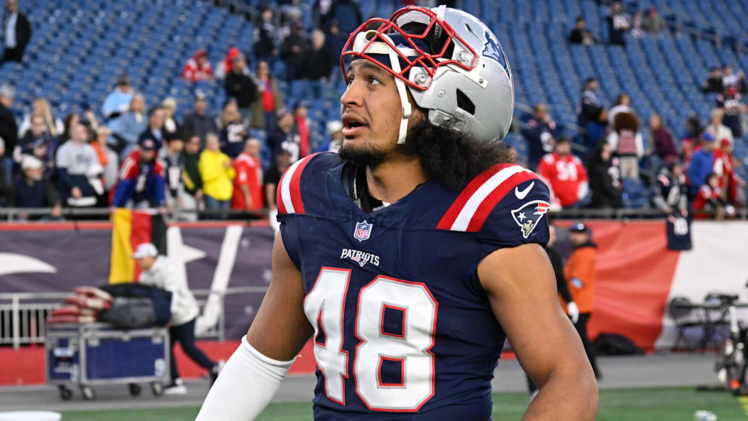 Nov 17, 2024; Foxborough, Massachusetts, USA; New England Patriots linebacker Jahlani Tavai (48) leaves the field after a game against the Los Angeles Rams at Gillette Stadium. Mandatory Credit: Eric Canha-Imagn Images