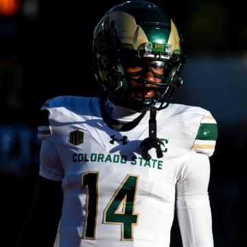 CSU football's senior wide receiver Tory Horton looks on into the setting sun before the Border War against Wyoming at War Mermorial Stadium on Friday Nov. 3, 2023 in Laramie, Wyo.