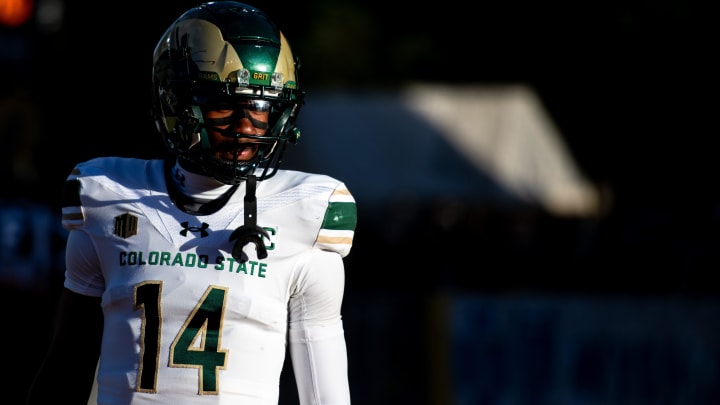 CSU football's senior wide receiver Tory Horton looks on into the setting sun before the Border War against Wyoming at War Mermorial Stadium on Friday Nov. 3, 2023 in Laramie, Wyo.