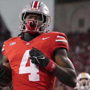 Sept. 7, 2024; Columbus, Ohio, USA;
Ohio State Buckeyes wide receiver Jeremiah Smith (4) runs for a touchdown during the first half of an NCAA Division I football game on Saturday at Ohio Stadium.