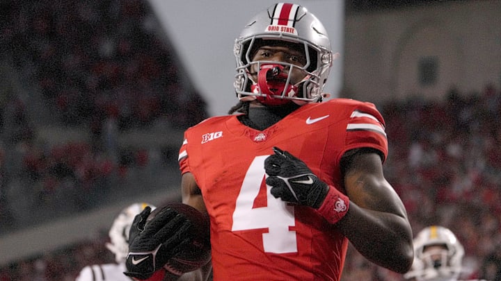 Sept. 7, 2024; Columbus, Ohio, USA;
Ohio State Buckeyes wide receiver Jeremiah Smith (4) runs for a touchdown during the first half of an NCAA Division I football game on Saturday at Ohio Stadium.