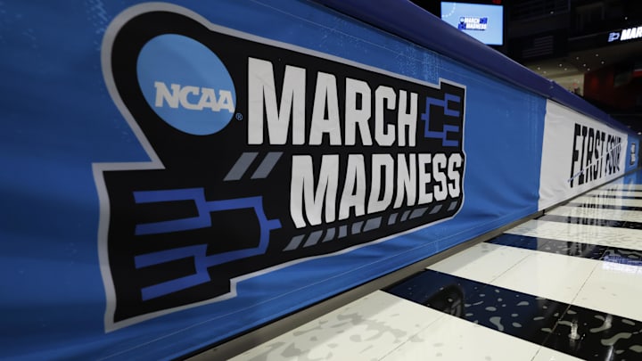 Mar 16, 2026; Dayton, OH, USA; Detailed viewed of March Madness logo during a practice session ahead of the first four of the men's 2026 NCAA Tournament at University of Dayton Arena. 