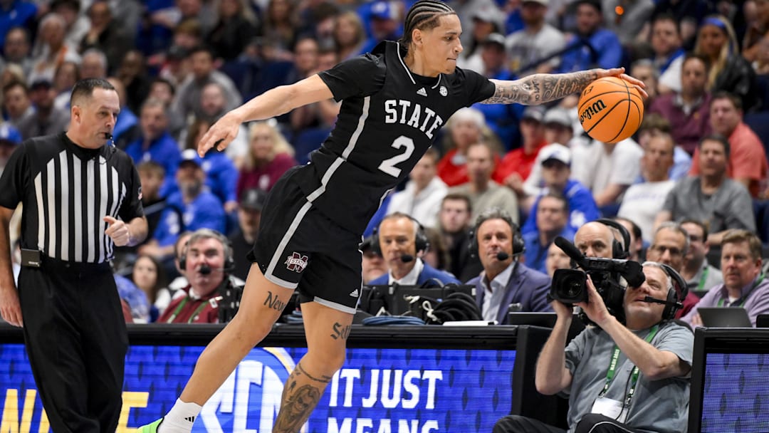 Mar 13, 2025; Nashville, TN, USA;  Mississippi State Bulldogs guard Riley Kugel (2) dives for the loose ball against the Missouri Tigers during the second half at Bridgestone Arena. Mandatory Credit: Steve Roberts-Imagn Images