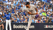 Oct 4, 2025; Toronto, Ontario, CAN; New York Yankees pitcher Luis Gil (81) throws in the first inning against the Toronto Blue Jays during game one of the ALDS round for the 2025 MLB playoffs at Rogers Centre. Mandatory Credit: Dan Hamilton-Imagn Images