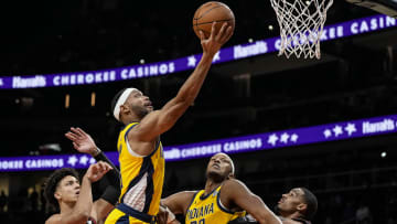 Jan 12, 2024; Atlanta, Georgia, USA; Indiana Pacers forward Bruce Brown (11) makes a basket against the Atlanta Hawks during the first half at State Farm Arena. Mandatory Credit: Dale Zanine-USA TODAY Sports