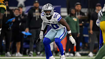 Sep 28, 2025; Arlington, Texas, USA; Dallas Cowboys linebacker Shemar James (50) lines up during the game between the Dallas Cowboys and the Green Bay Packers at AT&T Stadium. Mandatory Credit: Jerome Miron-Imagn Images