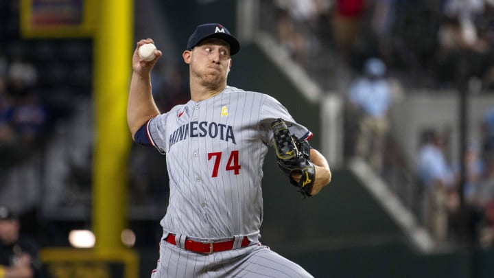 Minnesota Twins relief pitcher Josh Winder (74) pitches against the Texas Rangers during the ninth inning at Globe Life Field in Arlington, Texas, on Sept. 3, 2023.