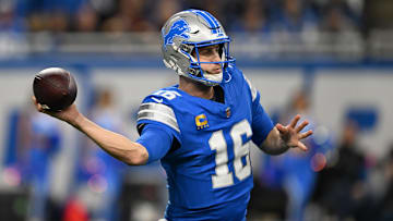 Jan 18, 2025; Detroit, Michigan, USA; Detroit Lions quarterback Jared Goff (16) throws a pass during the third quarter against the Washington Commanders in a 2025 NFC divisional round game at Ford Field. Mandatory Credit: Lon Horwedel-Imagn Images