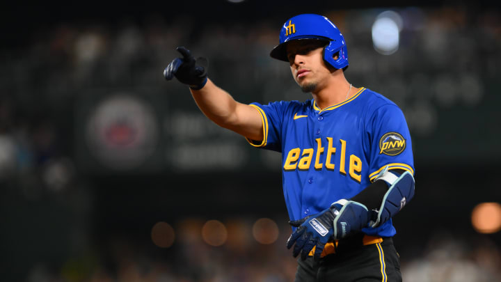 Seattle Mariners shortstop Leo Rivas celebrates after hitting a two-RBI single against the New York Mets on Sunday at T-Mobile Park.