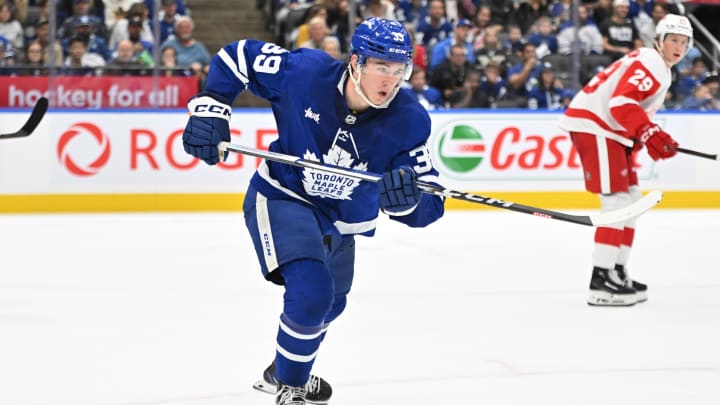 Oct 5, 2023; Toronto, Ontario, CAN; Toronto Maple Leafs forward Fraser Minten (39) pursues the play against the Detroit Red Wings in the third period at Scotiabank Arena. Mandatory Credit: Dan Hamilton-USA TODAY Sports