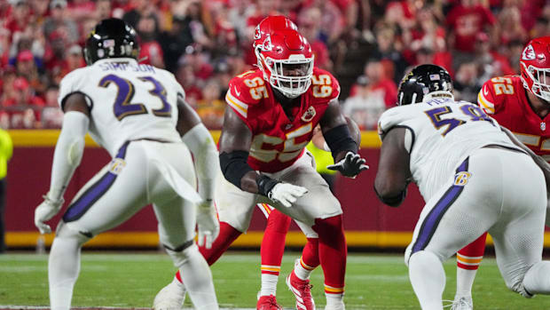 Kansas City Chiefs guard Trey Smith at the line of scrimmage against the Baltimore Ravens