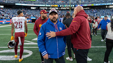 New York Giants head coach Brian Daboll shakes hands with Washington Commanders coaches after a game between the New York Giants and the Washington Commanders at MetLife Stadium in East Rutherford on Sunday, Nov. 3, 2024.