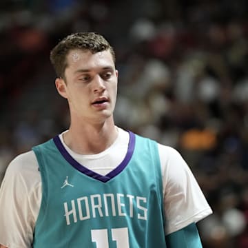 Jul 12, 2025; Las Vegas, NV, USA; Charlotte Hornets center Ryan Kalkbrenner (11) looks on during the game against the Philadelphia 76ers in the first quarter of their game at Thomas & Mack Center. Mandatory Credit: Candice Ward-Imagn Images