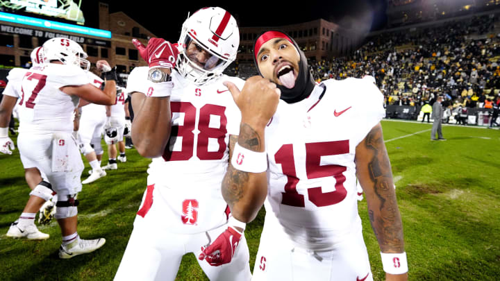 Oct 13, 2023; Boulder, Colorado, USA; Stanford Cardinal tight end C.J. Hawkins (88) and running back Ryan Butler (15) celebrate defeating the Colorado Buffaloes in double overtime at Folsom Field. Mandatory Credit: Ron Chenoy-USA TODAY Sports