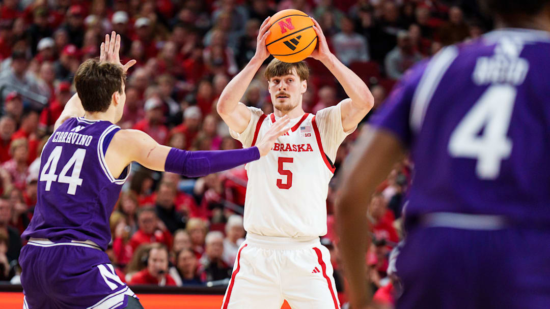 Nebraska forward Braden Frager looks to pass against Northwestern Wildcats guard Angelo Ciaravino (44) and guard Jayden Reid (4) during the first half at Pinnacle Bank Arena.